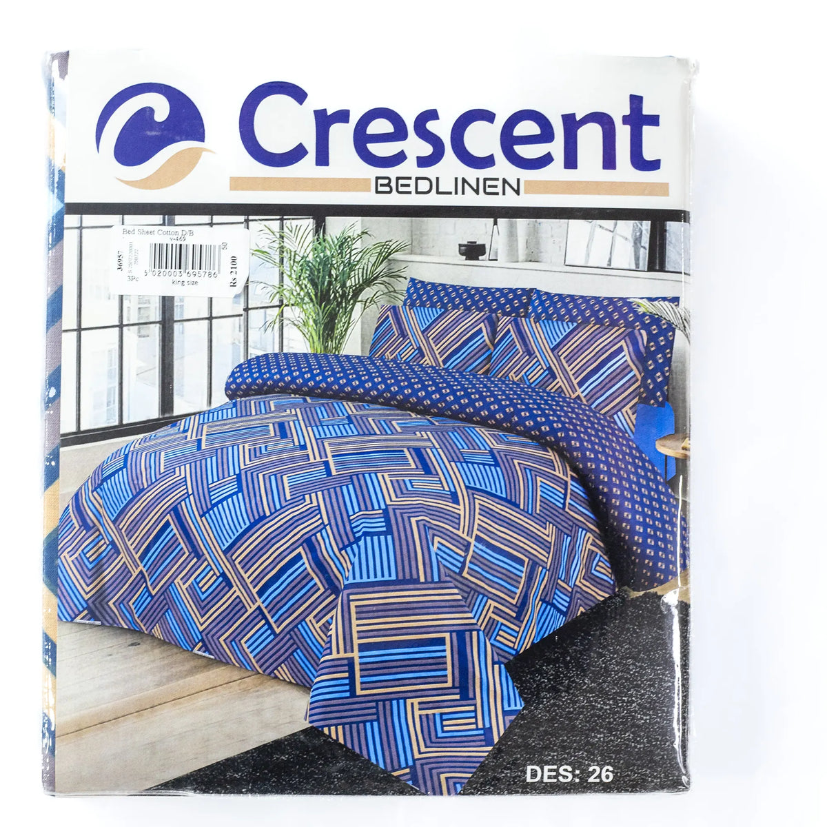 Cresent Printed Cotton 3Pcs King Size Bedsheet Set Design 26