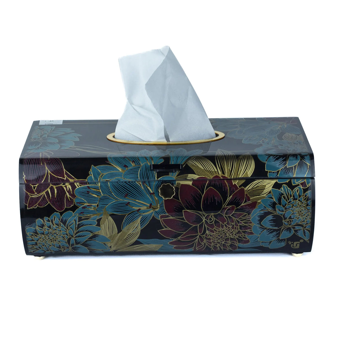 Decorative Floral Tissue Box Holder - Elegant Black & Gold Wooden Tissue Cover with Art Print