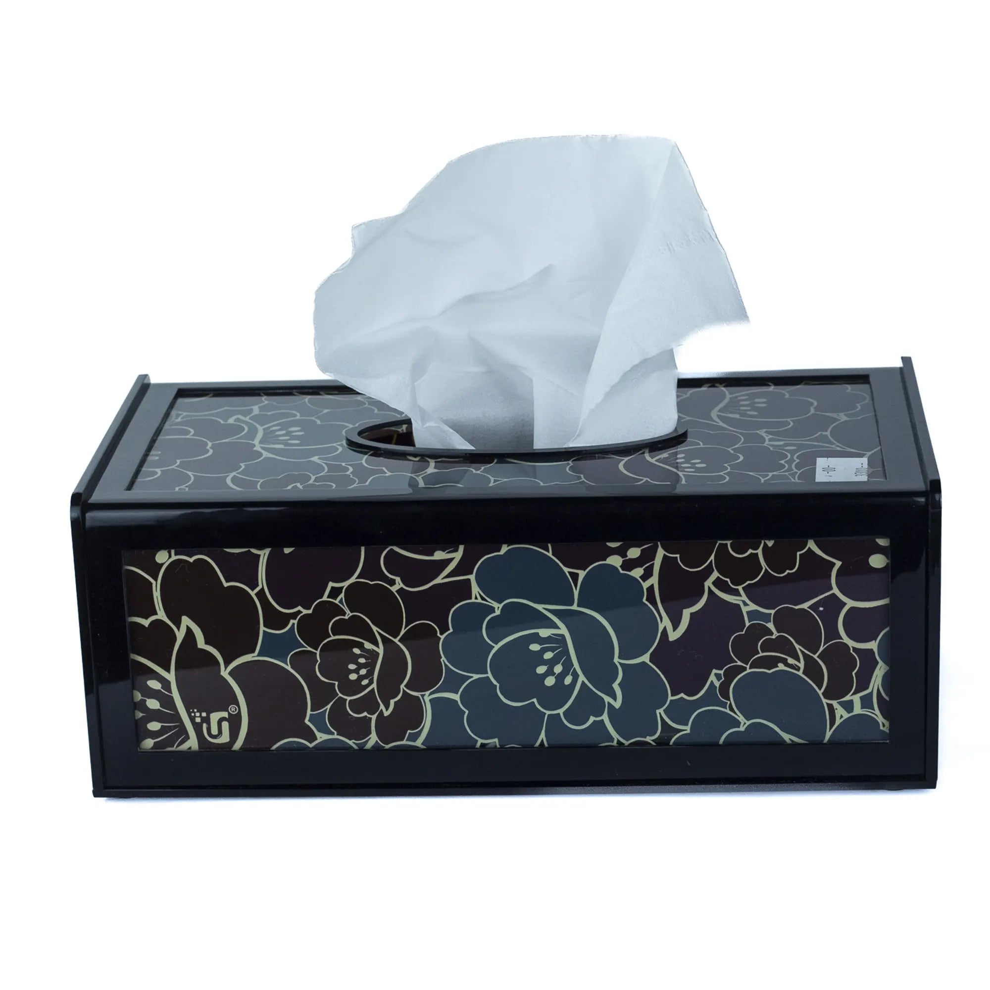 Decorative Floral Tissue Box Holder - Elegant Black & Gold Wooden Tissue Cover with Art Print
