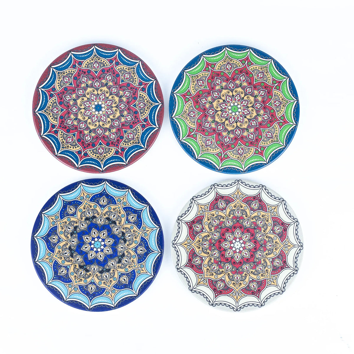 Set of 4 Mandala Print Tea Coasters / Saucers - Vibrant Ceramic Drink Coasters