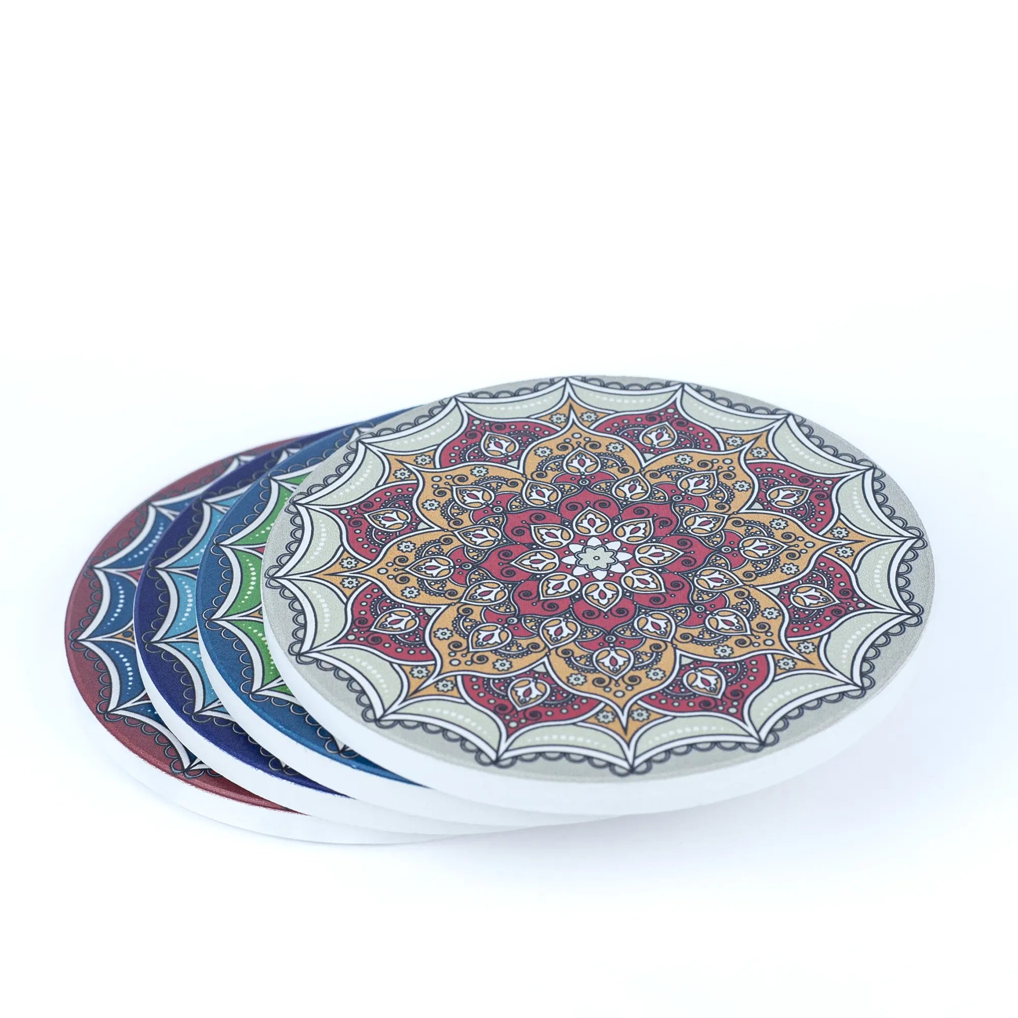 Set of 4 Mandala Print Tea Coasters / Saucers - Vibrant Ceramic Drink Coasters