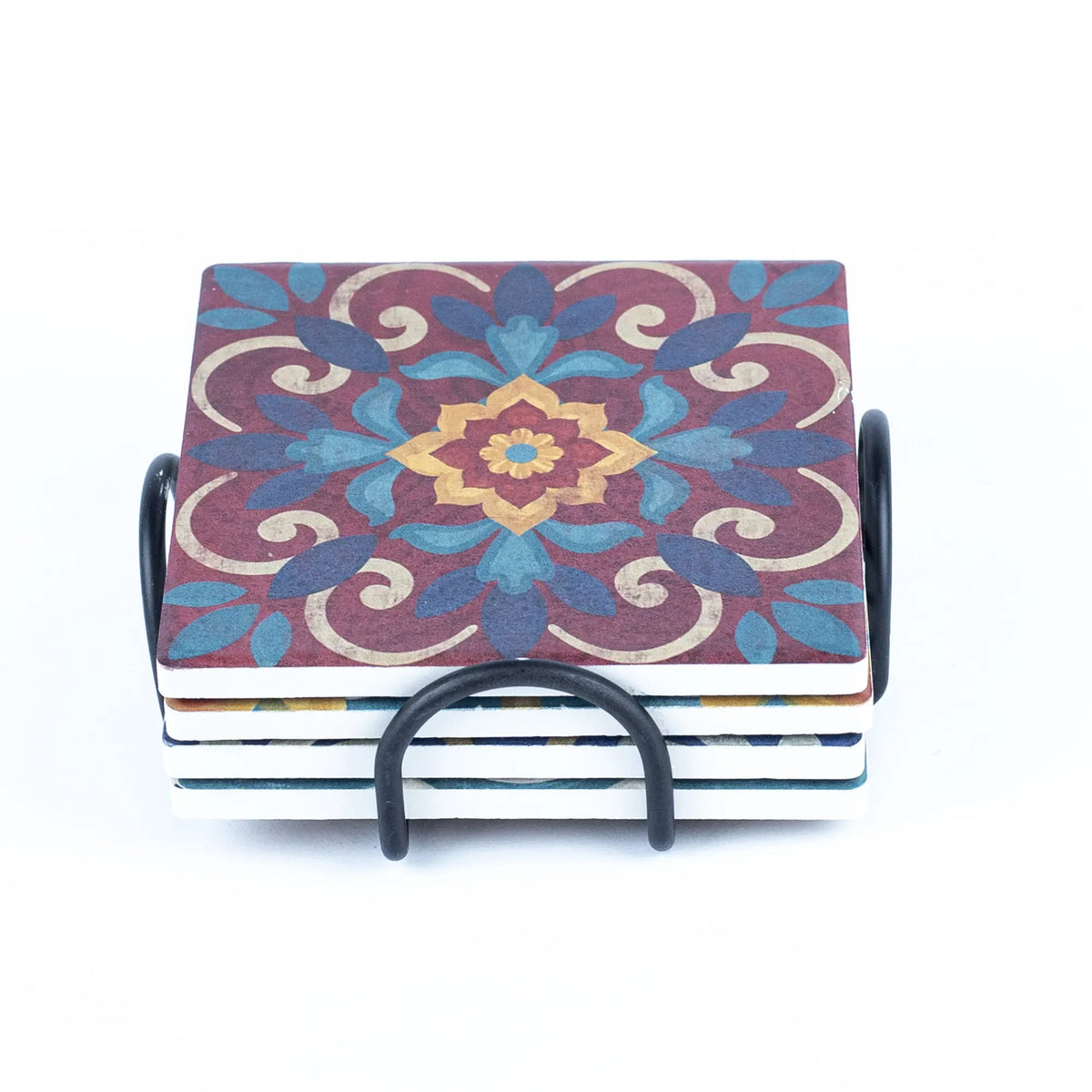 Set of 4 Mandala Print Tea Coasters / Saucers - Vibrant Ceramic Drink Coasters Square Shape