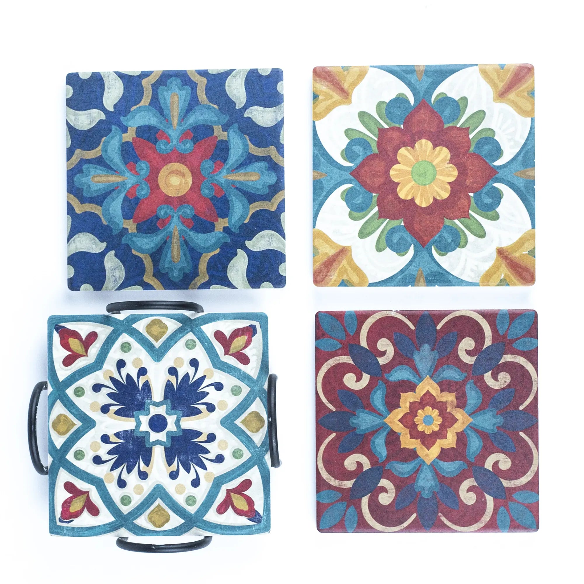 Set of 4 Mandala Print Tea Coasters / Saucers - Vibrant Ceramic Drink Coasters Square Shape