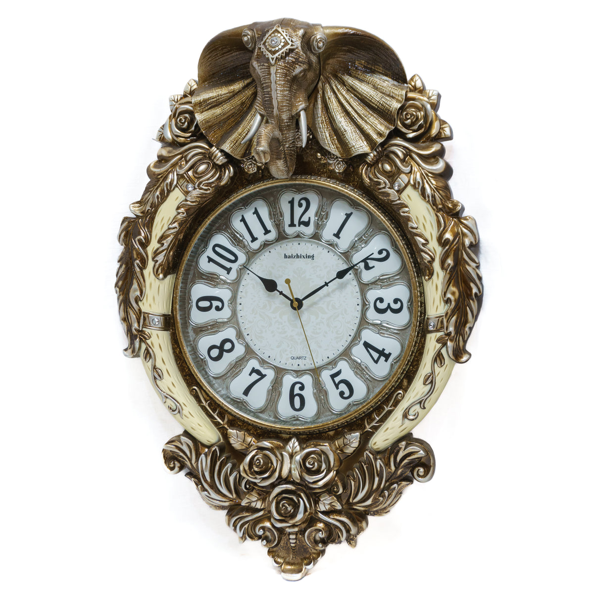 Haizhixing Quartz Wall Clock: Elephant Face, Decimal Numbers, Floral Theme in Oval Shape