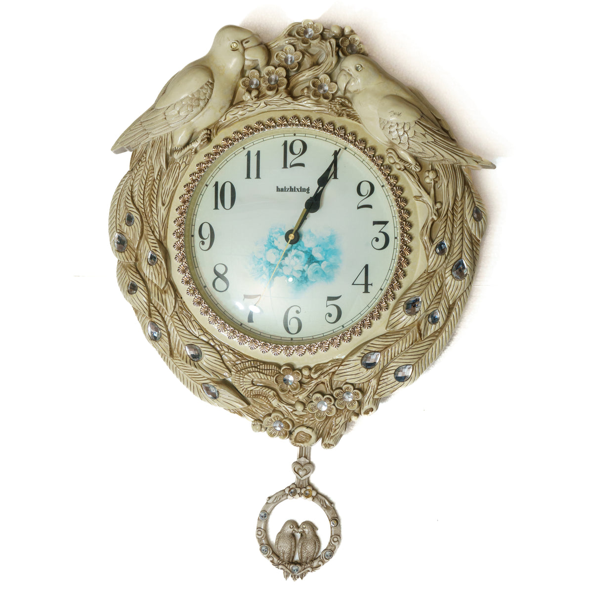 Haizhixing Wall Clock: Pair of Parrots Design, Crystal Beads, Hanging Pendulum